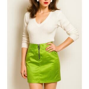 Vintage 80s 90s Y2k NWT Deadstock Neon Green Satin Mini Skirt Small High Waist‎
